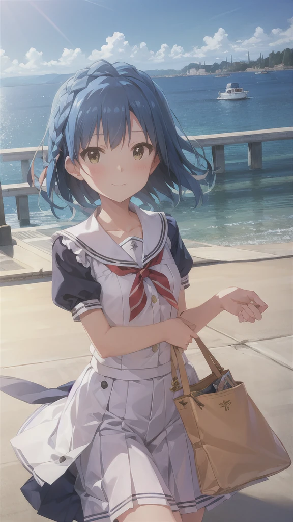 Yuriko did it (A million people live), (Highest quality, 8k, masterpiece, Super detailed:1.2), Movie angle,
Day, 斑点模様のDay光, blue sky, Beautiful Clouds, Cityscape, Lens flare, Shine, Particles of light, Wide Shot,
One girl, alone, skirt, smile, View your viewers, Sailor collar, pleated skirt, Short sleeve, , blush, Seraphim, clavicle, ribbon, Upper Body, Style your hair, Wind, Floating Hair,