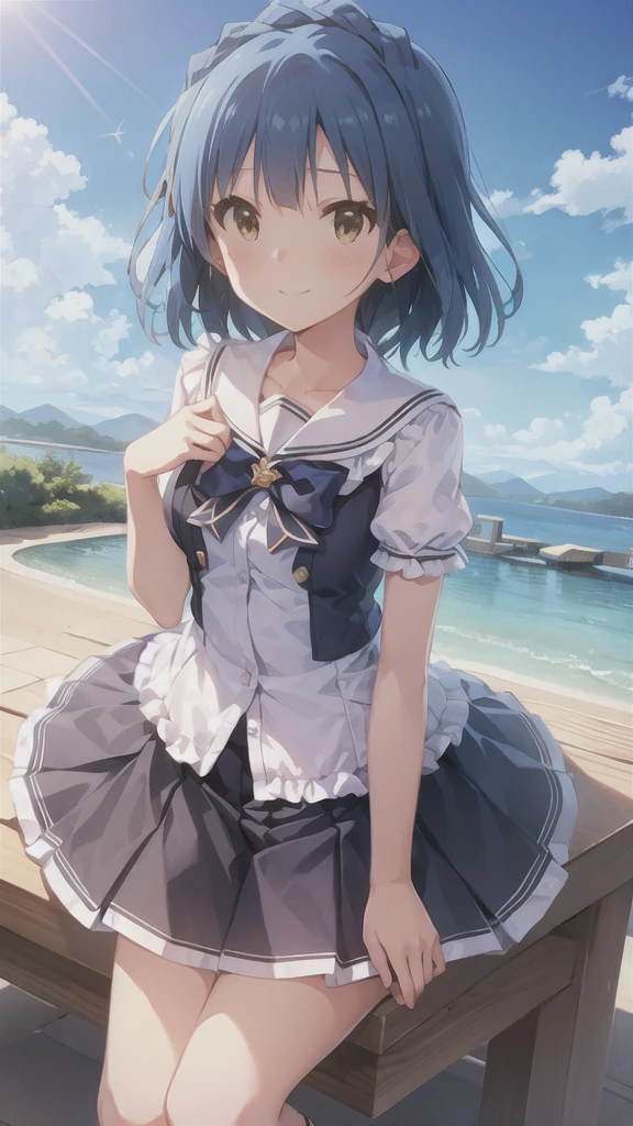Yuriko did it (A million people live), (Highest quality, 8k, masterpiece, Super detailed:1.2), Movie angle,
Day, 斑点模様のDay光, blue sky, Beautiful Clouds, Cityscape, Lens flare, Shine, Particles of light, Wide Shot,
One girl, alone, skirt, smile, View your viewers, Sailor collar, pleated skirt, Short sleeve, , blush, Seraphim, clavicle, ribbon, Upper Body, Style your hair, Wind, Floating Hair,