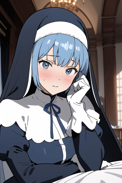 Mature women, nun, blue nun outfit, puffy sleeves, blue cape ,blue long skirt, white gloves, long deep black veil, vail cover her face, anime, room, bedroom, sexy pose