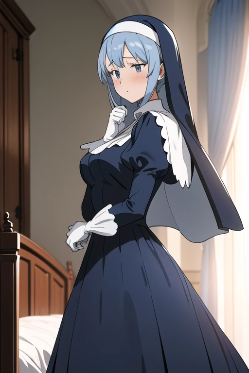 Mature women, nun, blue nun outfit, puffy sleeves, blue cape ,blue long skirt, white gloves, long deep black veil, vail cover her face, anime, room, bedroom, sexy pose