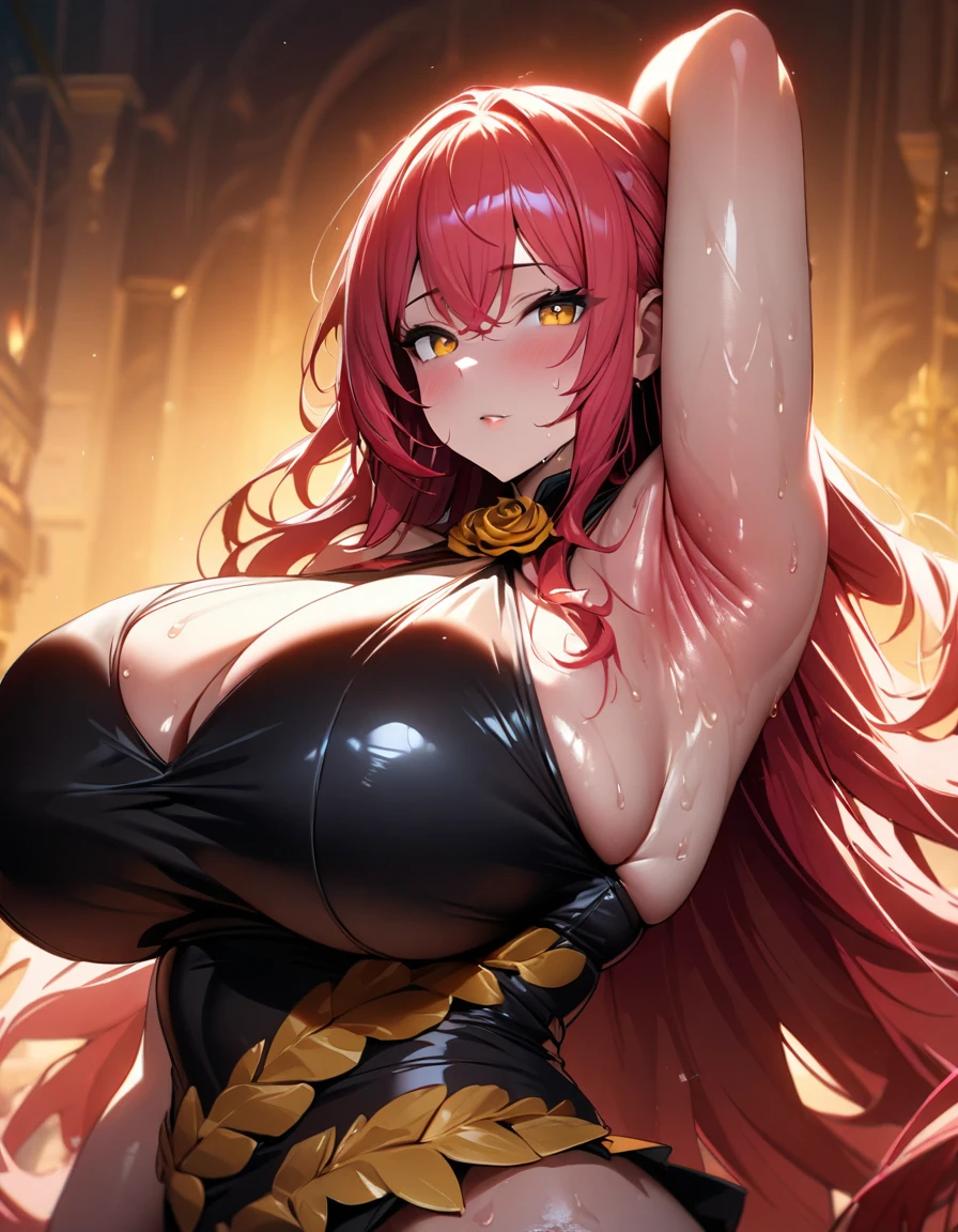 1girl,super huge breasts, pink hair, golden eyes,staring coldly,long hair, body curves, (best quality,4k,highres,masterpiece:1.2),ultra-detailed, dramatic lighting,vibrant colors,cinematic, Himeko outfit, sweaty armpits, bright skin, shiny golden eyes, golden eyes