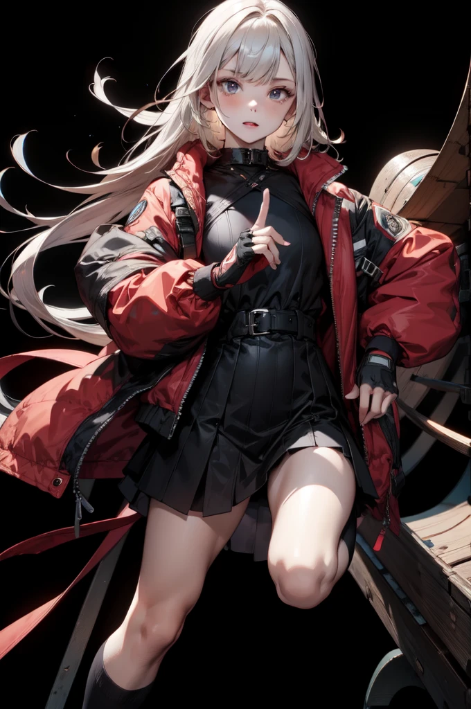 Two-tone long hair girl, dress, Knee socks, Open jacket, Fingerless gloves BREAK ((Simple Background, Black background))