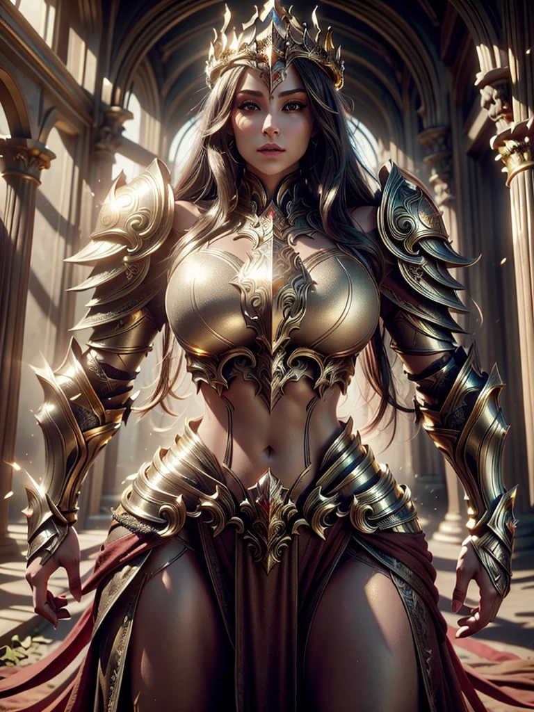 Realistic image cinematic shadows. in the courtyard realm. There are Elven Woman Queen, with Crown, Illuminated Face, Hips, Toned, Gypsy Warrior, ((Thick Armor Plate with Gold Edges)) reflecting sunlight