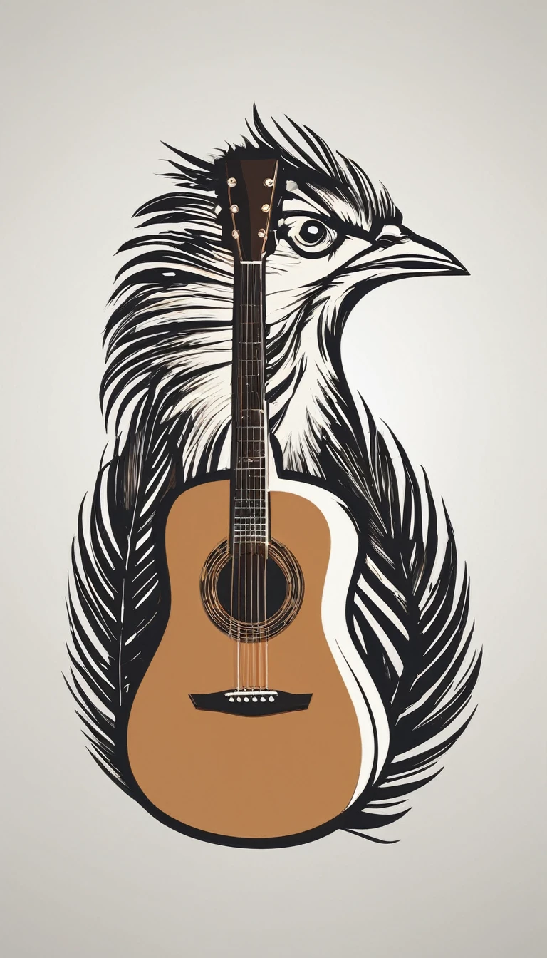 A minimal, modern, simple, cinematic logo design for the brand “Penamemoria". Create a modern, minimalistic, high-quality, logo of a boy-feather playing acoustic guitar