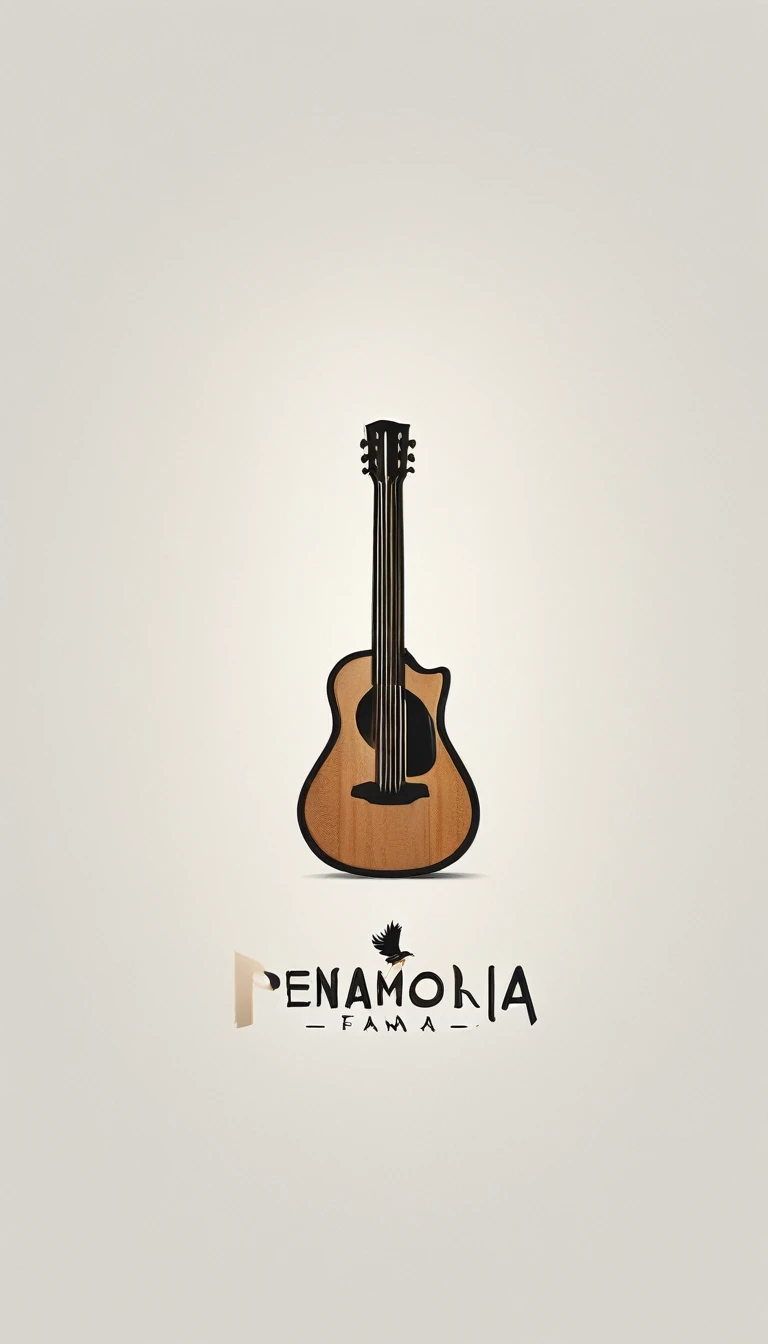 A minimal, modern, simple, cinematic logo design for the brand “Penamemoria". Create a modern, minimalistic, high-quality, logo of a boy-feather playing acoustic guitar 