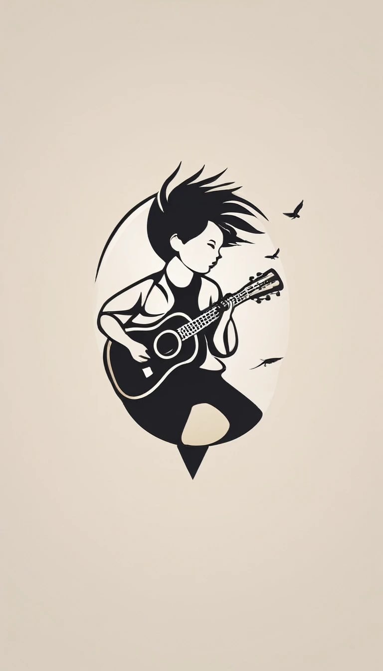 A minimal, modern, simple, cinematic logo design for the brand “Penamemoria". Create a modern, minimalistic, high-quality, logo of a boy-feather playing acoustic guitar