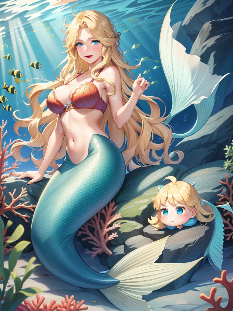 1mermaid, blonde hair, long hair, wavy hair, blue eyes, red lips, smile, blush, large breasts, bra, underwater sea, fish, coral, green mermaid, mermaid tail, 