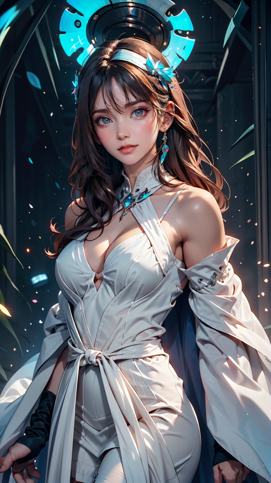 masterpiece, Highest quality, Julia Fe,  One girl, alone, Long Hair, View your viewers, blush, smile, Negative Space, (Bioluminescence:1.2), darkness, Dark Background, Long sleeve, dress, Exposing shoulders, Medium chest, very Long Hair, Wide sleeves, Cape, white dress, Circlet