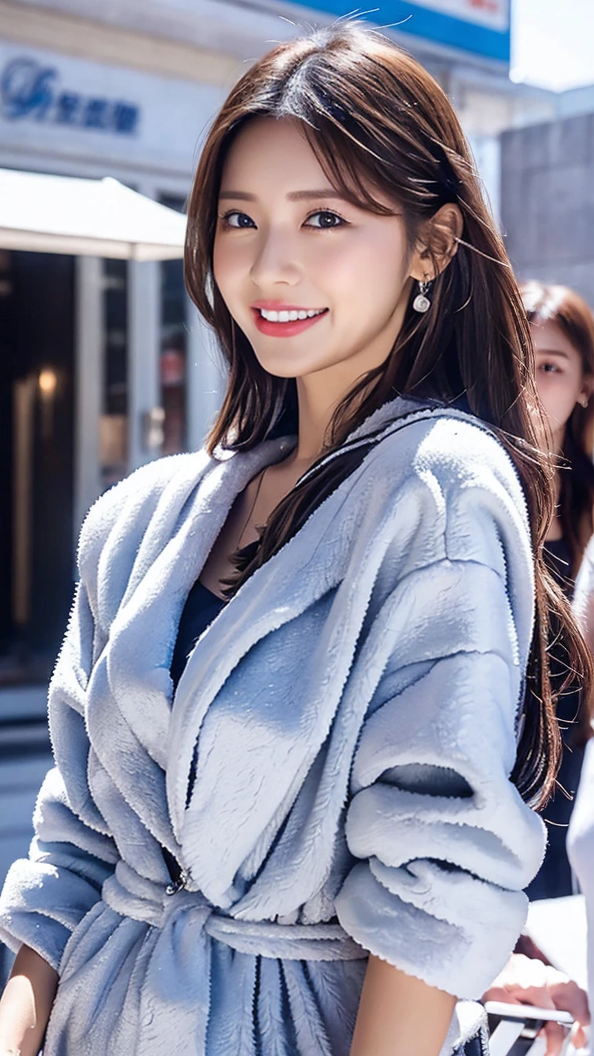 Urban beautiful girl college student, masterpiece, light makeup, Red lips, Silver Hair, Disheveled long hair, Street background, beautiful, elegant. Extremely fine detail, Master Works, Authentic texture, Realism in film lighting, Perfect job, 16K, High resolution, exquisite features,blue eyes、Japanese Idols、beautiful顔、Cute Smile、Brown Hair、beautiful hair、Stylish hairstyle,glamorous、 Big Breasts、Erect nipples、Greasy muscle、Glowing Skin、Sunburned skin、Shining black skin、Wear a bathrobe in the bathroom, Bright big eyes, Smooth Skin, Earrings, necklace, Realistic face、Reality