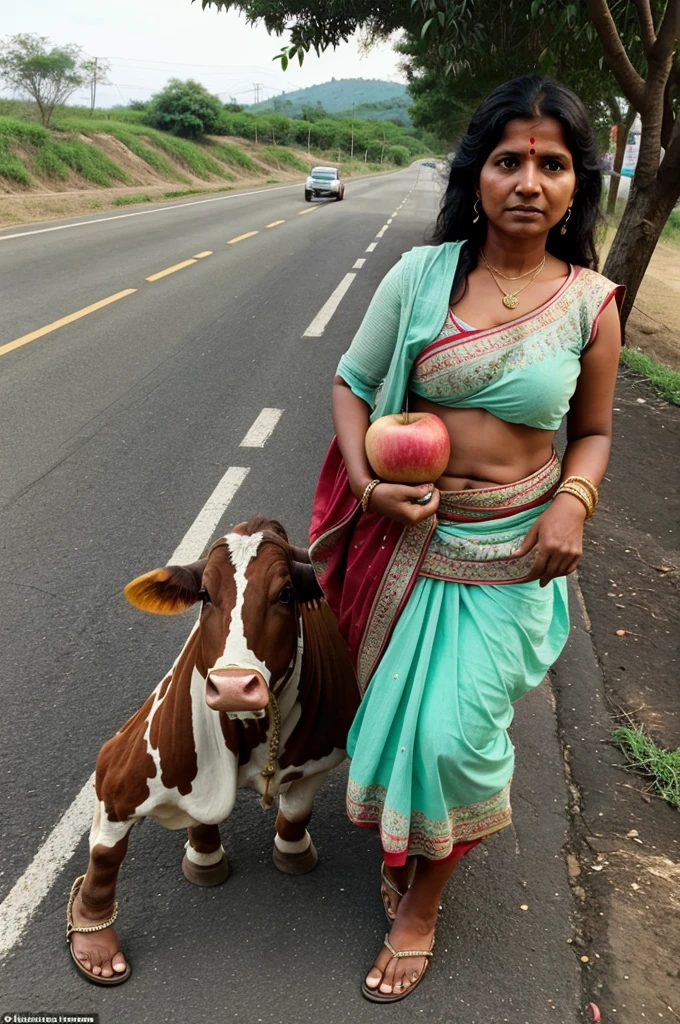 A Indian poor woman IS making a big cow out of apples on road people are watching