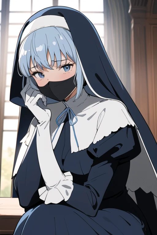 Mature women, nun, blue nun outfit, puffy sleeves, blue cape ,blue long skirt, white gloves, long deep black veil, vail cover her face,(look at viewer), vail covered face, (perfect skin),(no emotion ), anime, room, standing, sexy pose