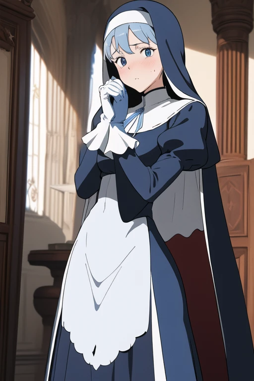 Mature women, nun, blue nun outfit, puffy sleeves, blue cape ,blue long skirt, white gloves, long deep black veil, vail cover her face,(look at viewer), vail covered face, (perfect skin),(no emotion ), anime, room, standing, sexy pose