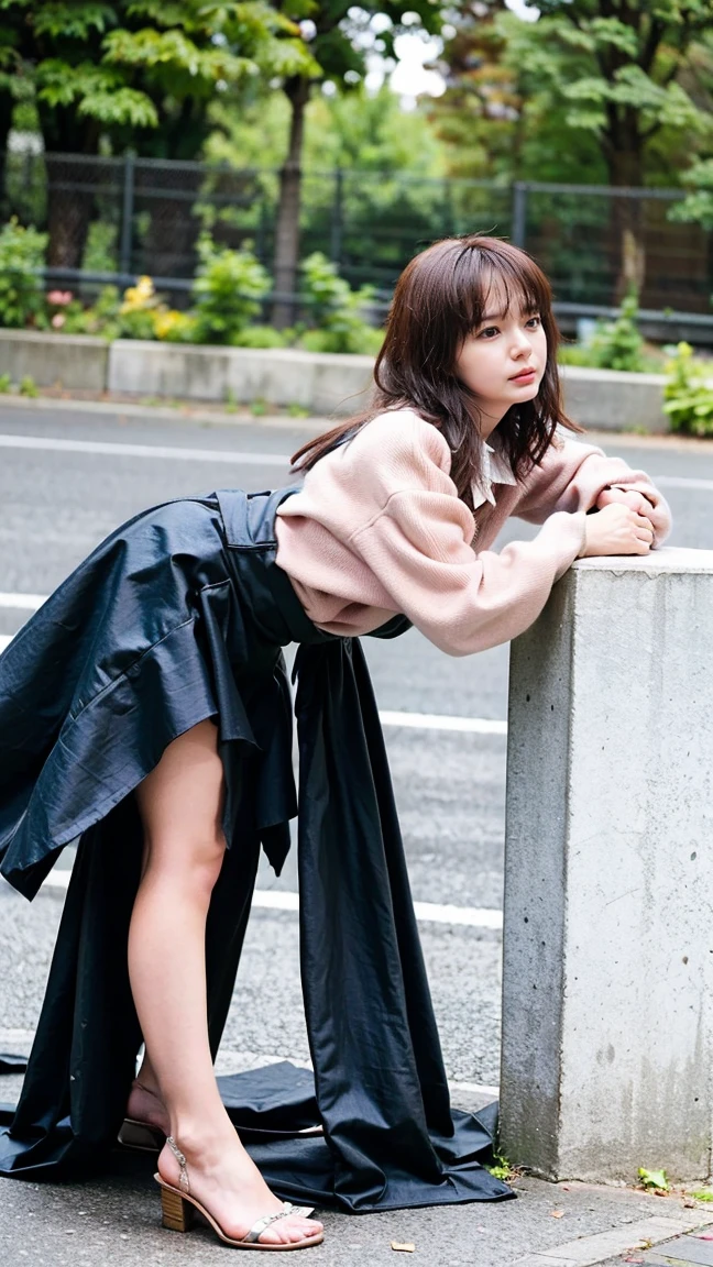 ((((detailed explanation)))),(((masterpiece、Highest quality、Very detailed:1.42、Focus on the eyes)))、Female in her late s、Portraiture、Blurred cityscape at dusk、Silhouette of buildings and street lamps Long dark brown hair、natural wavy curls、The wind is blowing softly、Hair hanging down the sides of the face、Skin is smooth、Healthy olive color、The tan lines are faintly visible、Natural redness on the cheeks、I have a few small laugh lines on my forehead..、Eyes with dark brown irises、The pupil is shining, Reflects light、Long curled eyelashes、Accentuate the eyes、Eyebrows are thin and trimmed、Natural Arch、Small Nose、straight、straight nose、lips are plump、soft pink lip gloss、Ultra-thin camisole、Barefoot and bare legs、A simple silver bracelet on her right wrist、A small diamond earring sparkles in her left ear....、The expression is calm、Be confident、smile、(((Emphasize the contrast between light and shadow)))、Realistic textures and facial details