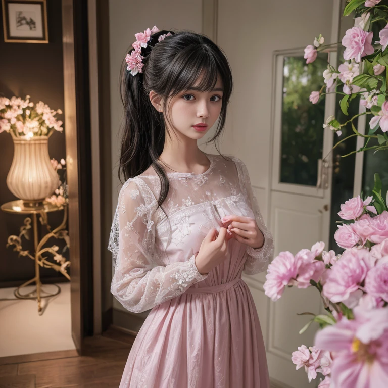 best quality, masterpiece, lifelike, 1 girl, solitary, eternity, black hair, Hair tied in a ponytail, Bangs, Wear dresses, flower, Detailed Background, Delicate face,pink blush,cold,lots of lace,((masterpiece))、(top quality)、8k、high detail、Super detailed、 21 years old female,masterpiece、born、Fair、magic、realism、Visual effects、FXAA、SSAO、Shader、voiceless、ambient lighting、Tone mapping、High resolution、Ultra high quality、Million pixels、(8k resolution:1.10)、8k resolution、high detail、intricate details、 (high quality:1.2、masterpiece:1.2、:1.21)、(21 years old female),Travel Photos