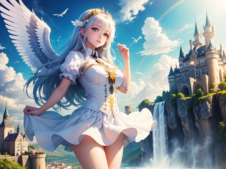 Amazingly beautiful girl with huge white wings, flying against the backdrop of a fantastic cloudy town with a castle, sparkling rainbow waterfall and bright sun