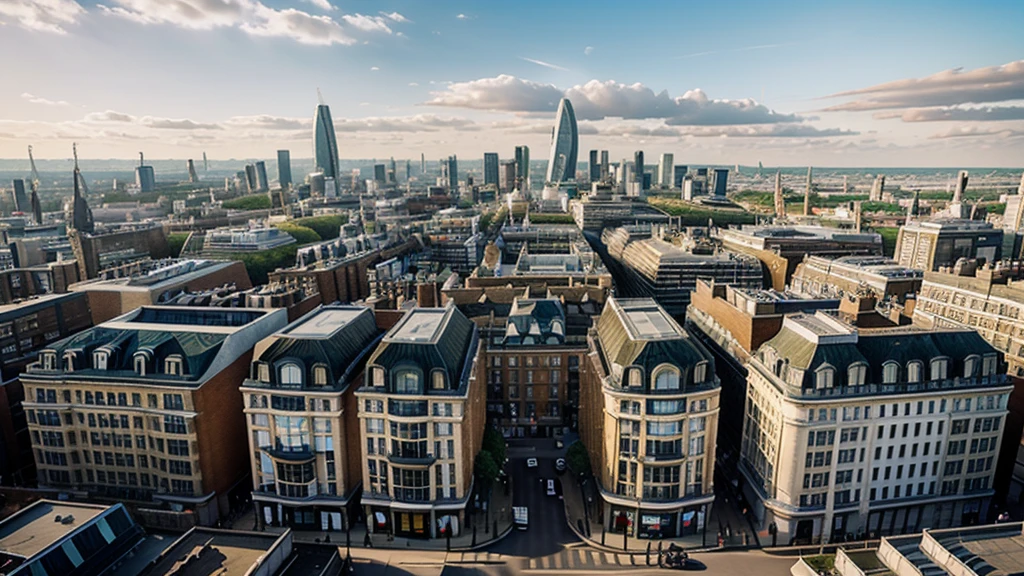 illustration of London as seen from street level. Camera View should be in the middle of the city from a sidewalk.