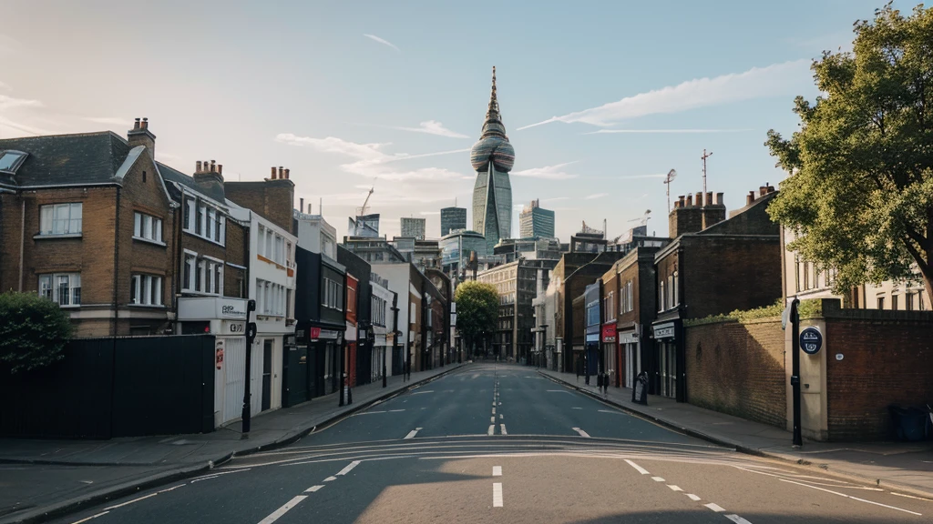 illustration of London as seen from street level. Camera View should be in the middle of the city from a sidewalk.