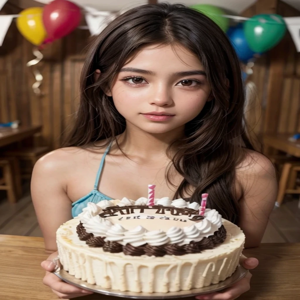 A girl with brown skin , brown eyes,  by the wide, In his birthday, With her friends , que diga feliz cumple jimeLong hair, smile, Brown hair, Long hair, earrings, blush, happy, hair ornament, shine, shine, 