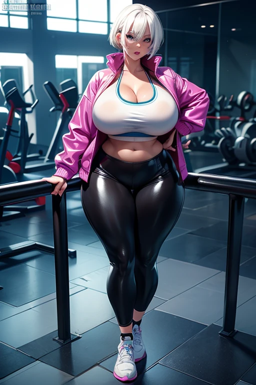 4k, masterpiece, high resolution, 3D art style, full body photo, Uzaki Hana, 1girl, white hair, blue eyes, thick lips, slender hips, thick thighs, thick, huge and droopy breast, huge round ass, oily shiny skin, cleavage, workout clothes, jacket, wet clothes, posing in the gym.