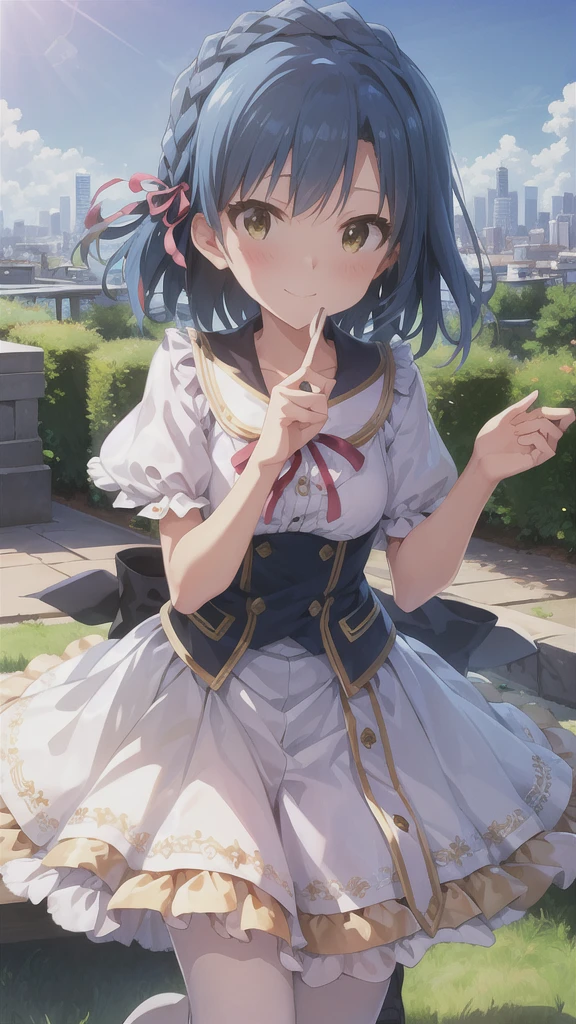Yuriko did it (A million people live), (Highest quality, 8k, masterpiece, Super detailed:1.2), Movie angle,
Day, Speckled Daylight, blue sky, Beautiful Clouds, Cityscape, Lens flare, Shine, Particles of light, Wide Shot,
One girl, alone, skirt, smile, View your viewers, Sailor collar, pleated skirt, Short sleeve, , blush, Seraphim, clavicle, ribbon, Upper Body, Style your hair, wind, Floating Hair,
