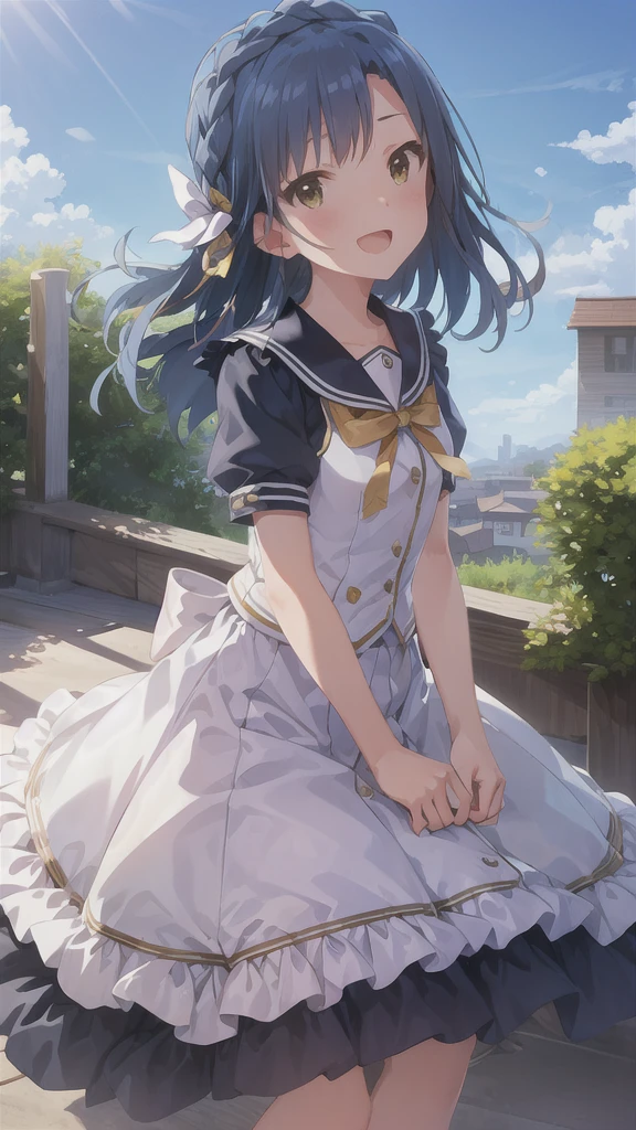 Yuriko did it (A million people live), (Highest quality, 8k, masterpiece, Super detailed:1.2), Movie angle,
Day, Speckled Daylight, blue sky, Beautiful Clouds, Cityscape, Lens flare, Shine, Particles of light, Wide Shot,
One girl, alone, skirt, smile, View your viewers, Sailor collar, pleated skirt, Short sleeve, , blush, Seraphim, clavicle, ribbon, Upper Body, Style your hair, wind, Floating Hair,