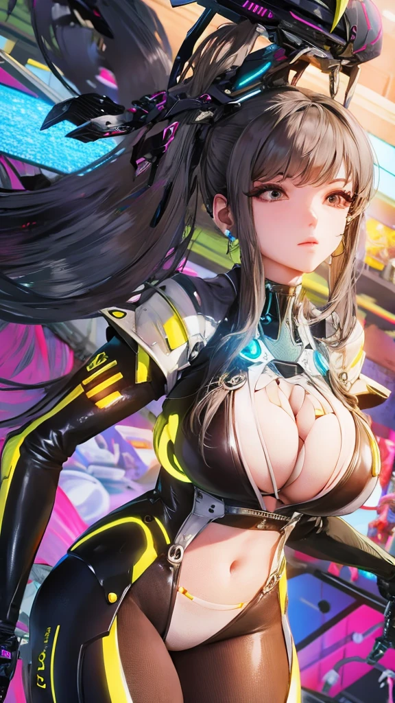 Eve with huge breasts in neon micro nanosuit with huge cleavage in the desert 