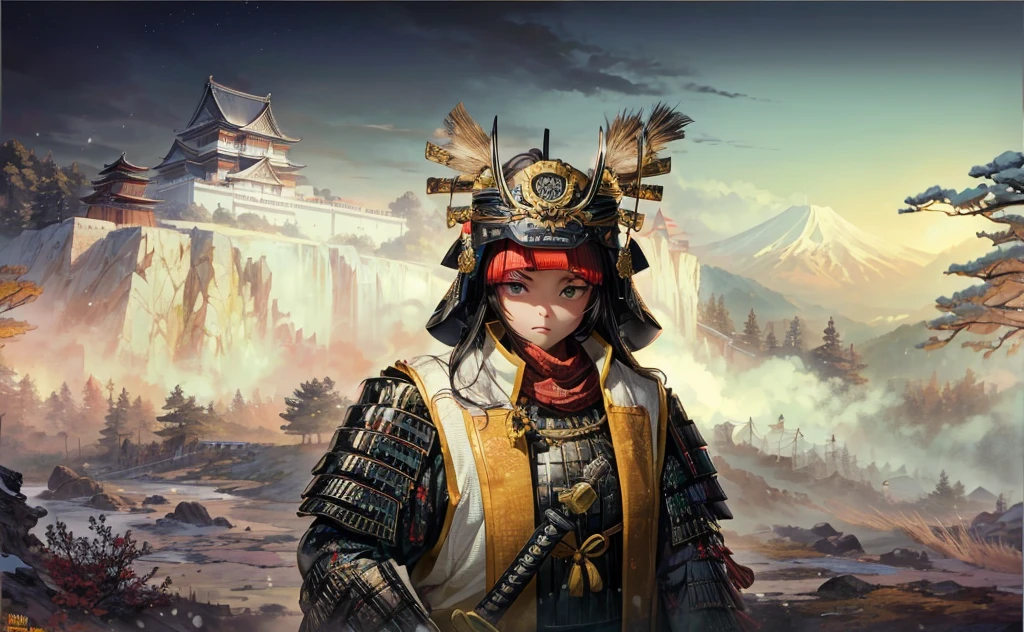 Female, (girls:1.5), (exceptional, best aesthetic, new, newest, best quality, anime, waifu:1.2), best quality, ultra detailed, absurdres, highres, colored, good anatomy, normal eyes, centered eyes, no cockeyed, no cross-eyes black hair, pretty face, Japanese Samurai armor, Samurai helmet, laurel leaves on helmet, red bandana, swords, cape, Japanese castle, tree, snow mountain, fire,