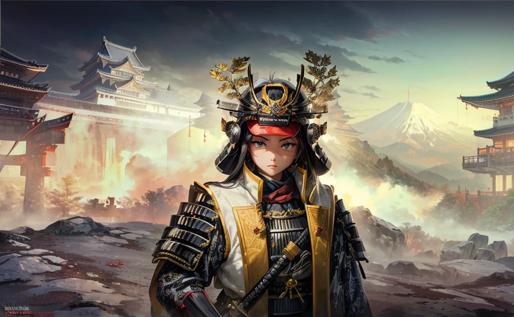 Female, (girls:1.5), (exceptional, best aesthetic, new, newest, best quality, anime, waifu:1.2), best quality, ultra detailed, absurdres, highres, colored, good anatomy, normal eyes, centered eyes, no cockeyed, no cross-eyes black hair, pretty face, Japanese Samurai armor, Samurai helmet, laurel leaves on helmet, red bandana, swords, cape, Japanese castle, tree, snow mountain, fire,