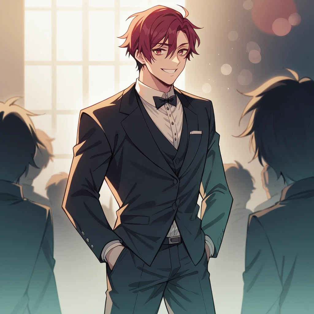 Kamado Tanjiro, with his distinctive red hair, stands inside a grand concert hall. He is dressed in a sleek black formal suit, with his hand casually in his pocket, smiling warmly while making eye contact with the viewer. Behind him, a crowd of people is visible, their faces blurred out in the background to create a sense of movement and liveliness,Modifiers: Elegant, sophisticated, inviting, vibrant, stylish, dynamic, celebratory, warm
Artist/Style Inspiration: Inspired by the works of René Gruau, Alphonse Mucha, and Art Deco
Technical Specifications: High contrast, soft focus, dynamic lighting, bokeh effect, vintage color palette, lens distortion, subtle textures, cinematic view