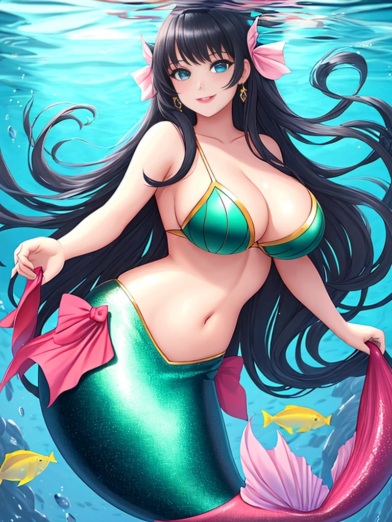 1girl, dark girl, mermaid, mermaid tail below waistline, long hair, black hair, blue eyes, red lips, pink eyeshadow, smile, blush, happy face, full body, large breasts, mature female, underwater, yellow mermaid tail,