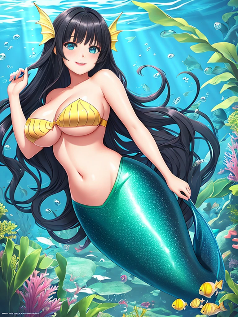 1girl, dark girl, mermaid, mermaid tail below waistline, long hair, black hair, blue eyes, red lips, pink eyeshadow, smile, blush, happy face, full body, large breasts, mature female, underwater, yellow mermaid tail,