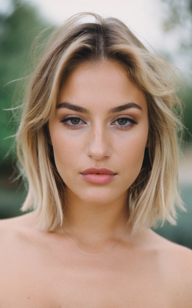 a beautiful 23-year-old woman, girl next door, makeup, lips, blonde, messy hair, short hair, film grain, cleavage, retro, Porta 160 color, shot on ARRI ALEXA 65, sharp focus on subject, Fujifilm XT-3