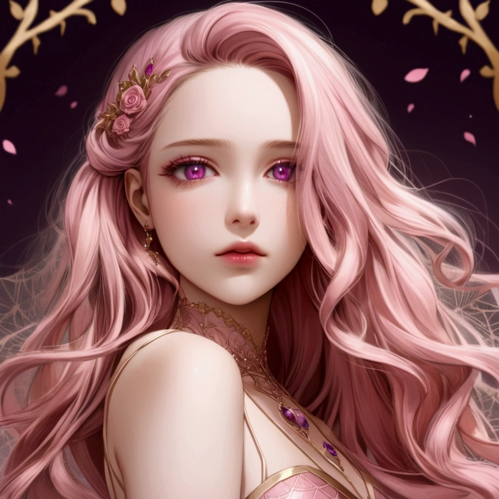 Create an anime-style girl with deep magenta eyes and long, wavy pink hair styled in an elegant updo. She is slender with small breasts. She wears a regal, ethereal dress with elegant and fantasy elements, featuring a gold, pastel pink, and rose gold color scheme. The dress has intricate spider web patterns and motifs.