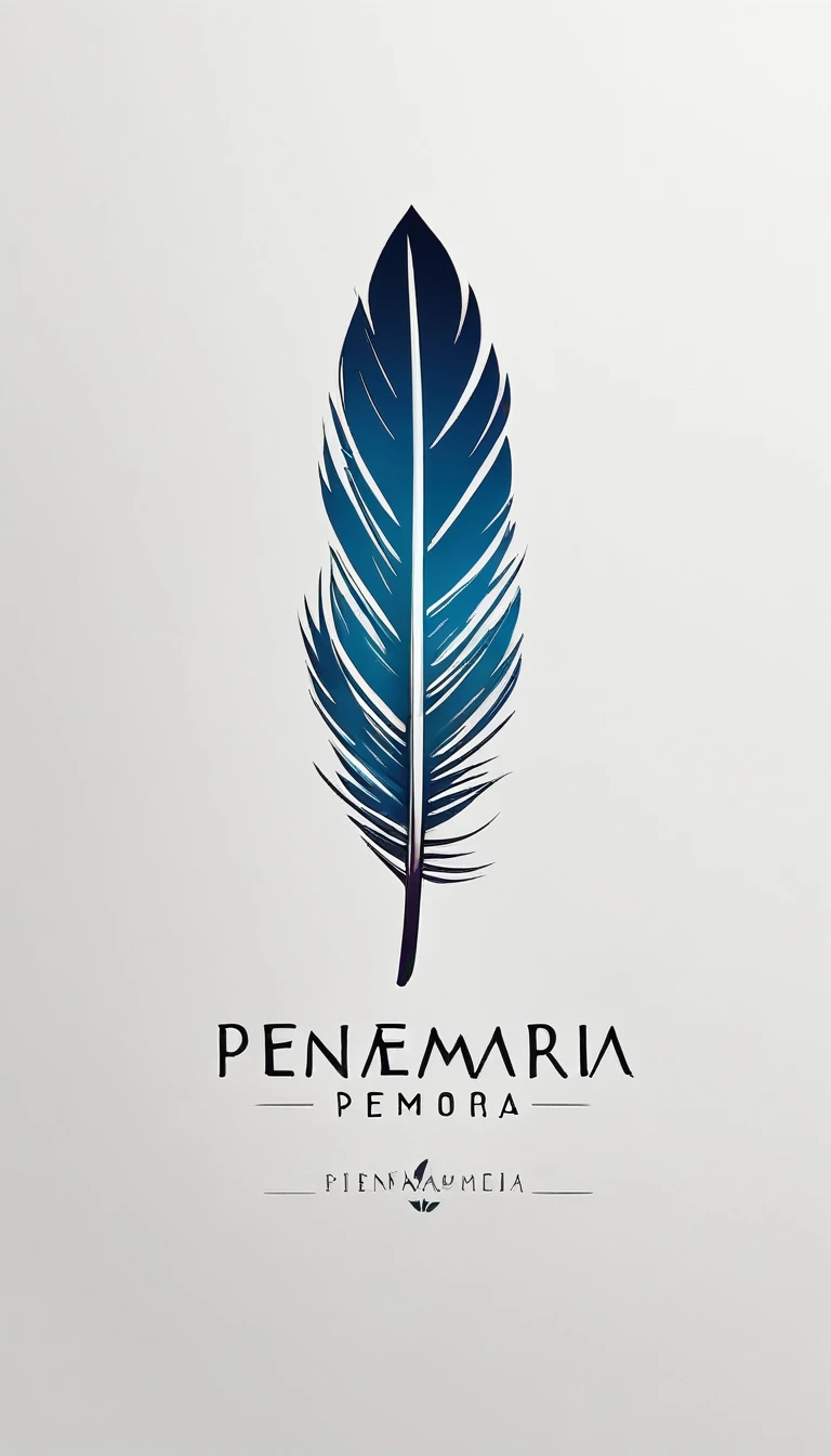 A minimalist, fantastic, poetic, dreamy, captivating, memorable, masterpiece, modern, simple logo design of a feather for the brand “Penamemoria". The logo must convey a sense of music, stories and dreams. Minimalistic logo design of a feather.