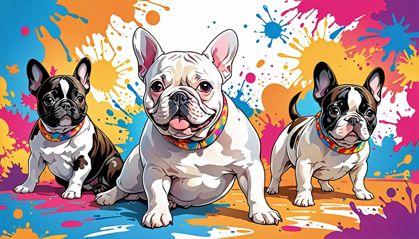 Vector Art, Colorful illustrations，There are many cute French bulldogs, In the center, Vibrant colors, Paint splashes and stains, High Detail,Hawaiian style background
