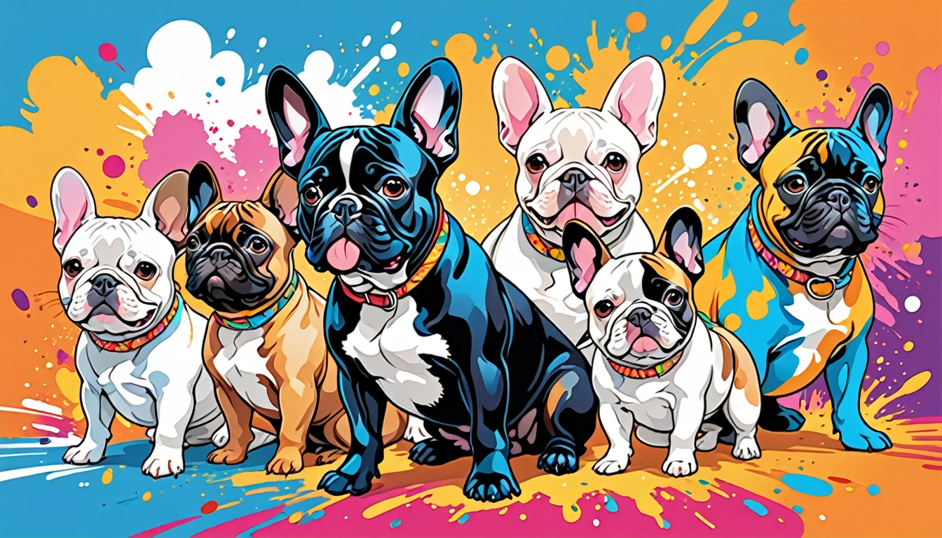 Vector Art, Colorful illustrations，There are many cute French bulldogs, In the center, Vibrant colors, Paint splashes and stains, High Detail,Hawaiian style background
