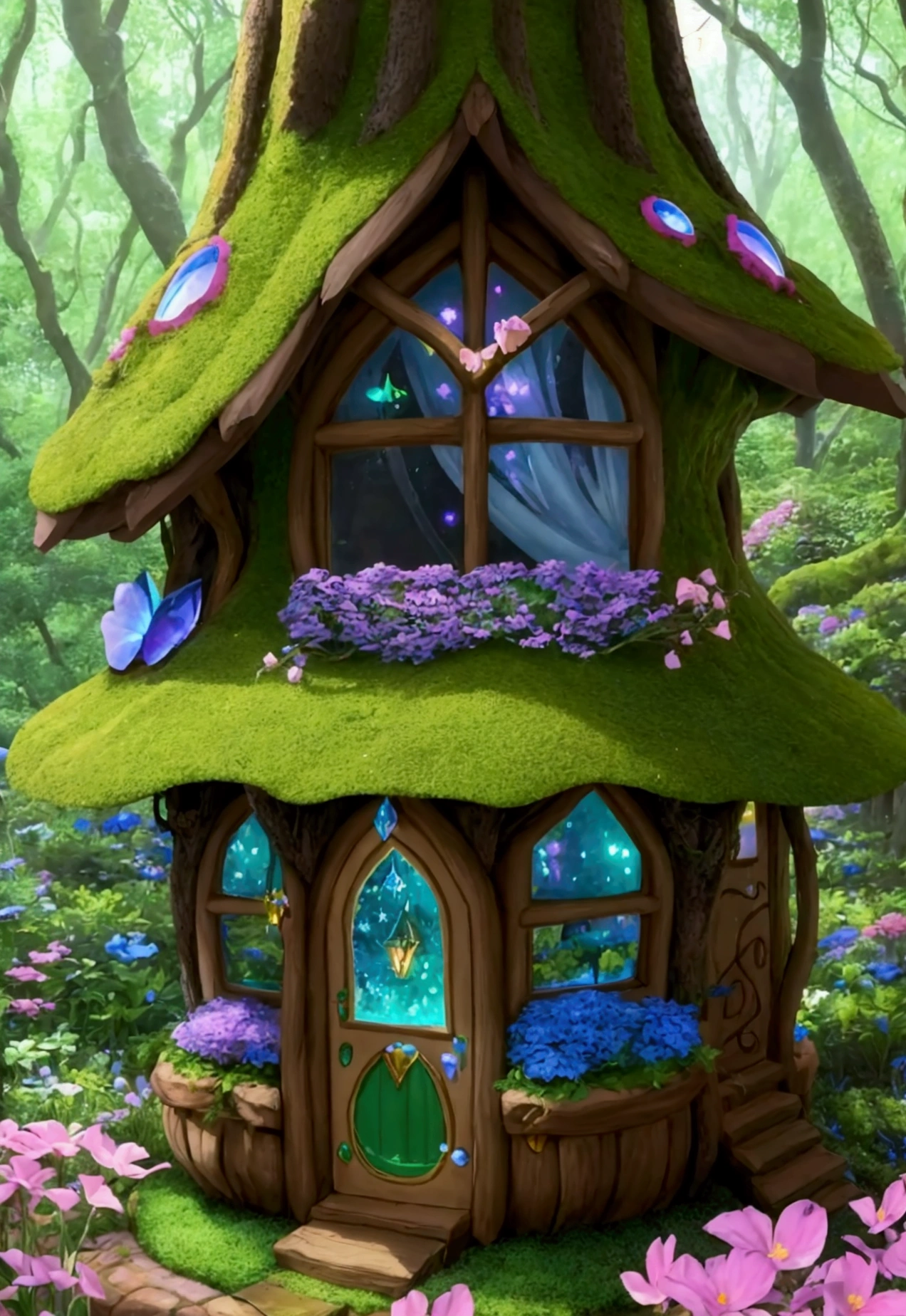 A magical fairy house nestled in the heart of a mystical forest, with vibrant flowers and sparkling streams surrounding it. The house is made of shimmering crystals and has a whimsical, curved roof that resembles a fairy's wings.