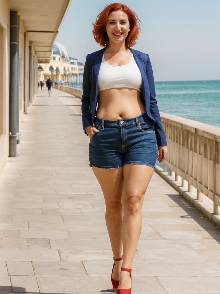Xyrele, 1girl, solo, 30 years old, (((French face))), (((French nose))), (((French lips))), ((((chubby)))), (((wide hips))), (((red hair))), crinkly short hair, wearing stylish designed modern trend wear, ((Background: Walking along the Promenade des Anglais)), ((upper body and upper legs))