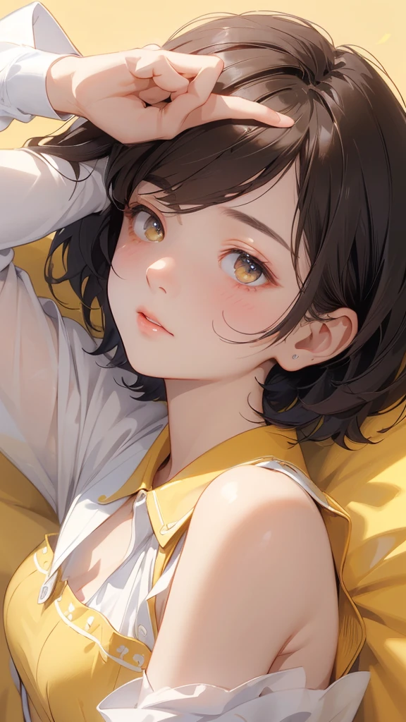 (((Ultra HD)))、(The perfect background)、(hair over two eye:1.5)、(Perfect hands)、(Complex background)、Brown Hair、Bobcut、18 year old girl、Mid-chest、Droopy eyes、Yellow Eyes、Black blouse、Gaze Up、Embarrassed expression、Blushing、(Through the glasouth open、Alluring、(Lying on your back)、From the side、Put your hands above your head、Looks cramped