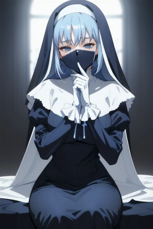 Mature women, nun, blue nun outfit, puffy sleeves, blue cape ,blue long skirt, white gloves, long deep black veil, vail cover her face,(look at viewer) ,no face detail, vail covered face, (perfect skin),(no emotion ), anime, sitting, sexy pose