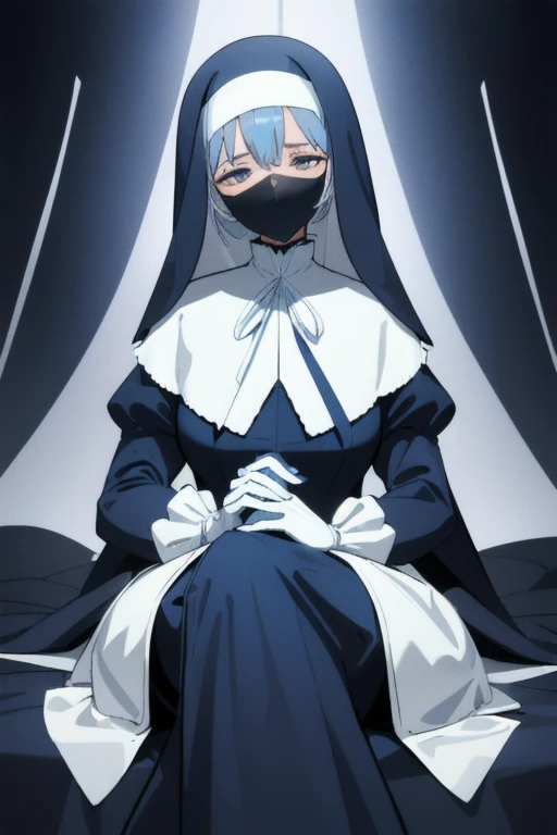 women, nun, blue nun outfit, puffy ves, blue cape ,blue long skirt, white gloves, long deep black veil, vail cover her face,(look at viewer) ,no face detail, vail covered face, (perfect skin),(no emotion ), anime, sitting, sexy pose