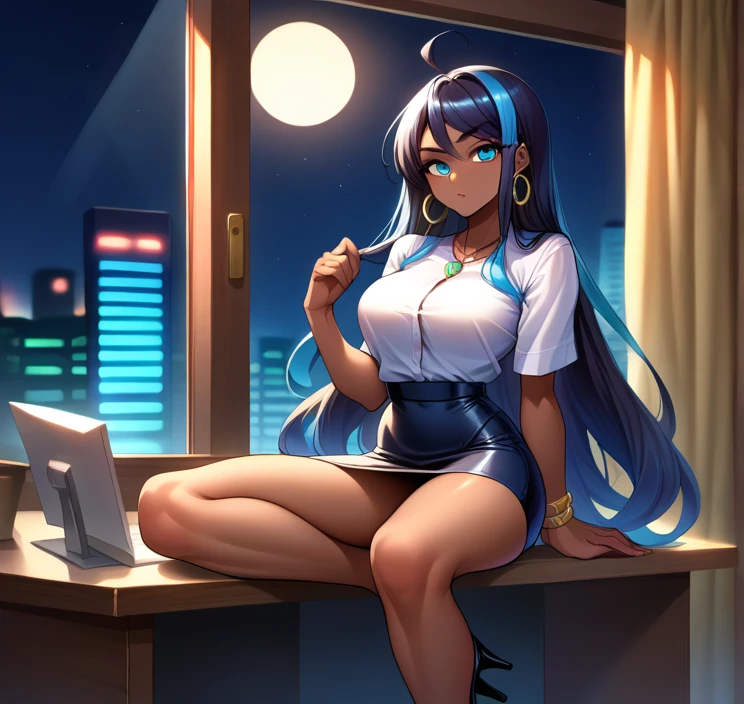 score_9, score_8_up,score_7_up, source_anime, 1girl, solo, EPpkNessa, blue eyes, black hair, blue hair, streaked hair,, dark skin, dark-skinned female, necklace, ear piercing,bottonup shirt,high-waist skirt,pantyhoes,heels,office, at a dark room, at night , city view from the window, gyaru,Very Long Hair,Ahoge, 