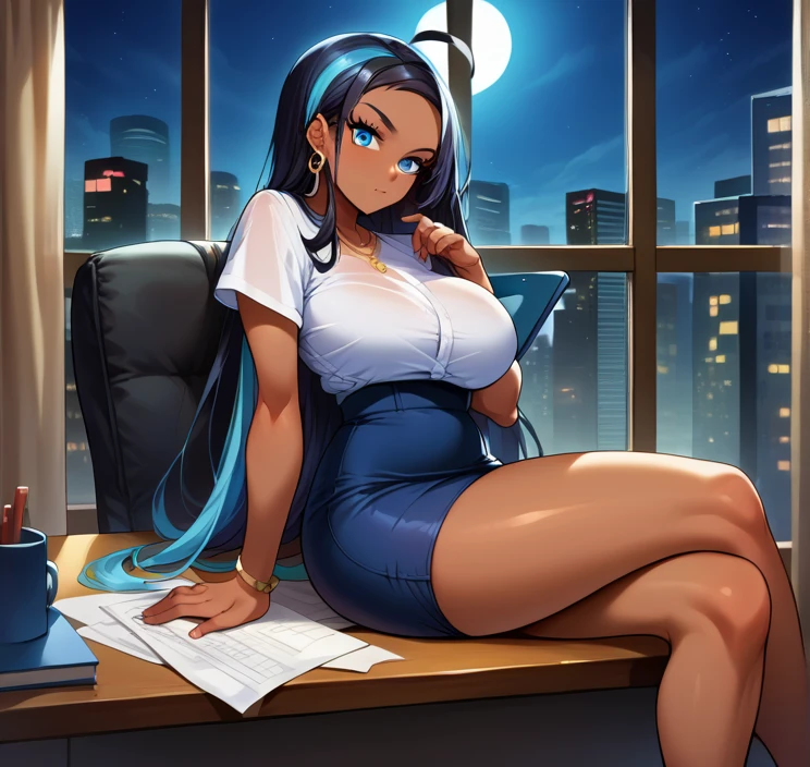 score_9, score_8_up,score_7_up, source_anime, 1girl, solo, EPpkNessa, blue eyes, black hair, blue hair, streaked hair,, dark skin, dark-skinned female, necklace, ear piercing,bottonup shirt,high-waist skirt,pantyhoes,heels,office, at a dark room, at night , city view from the window, gyaru,Very Long Hair,Ahoge, 