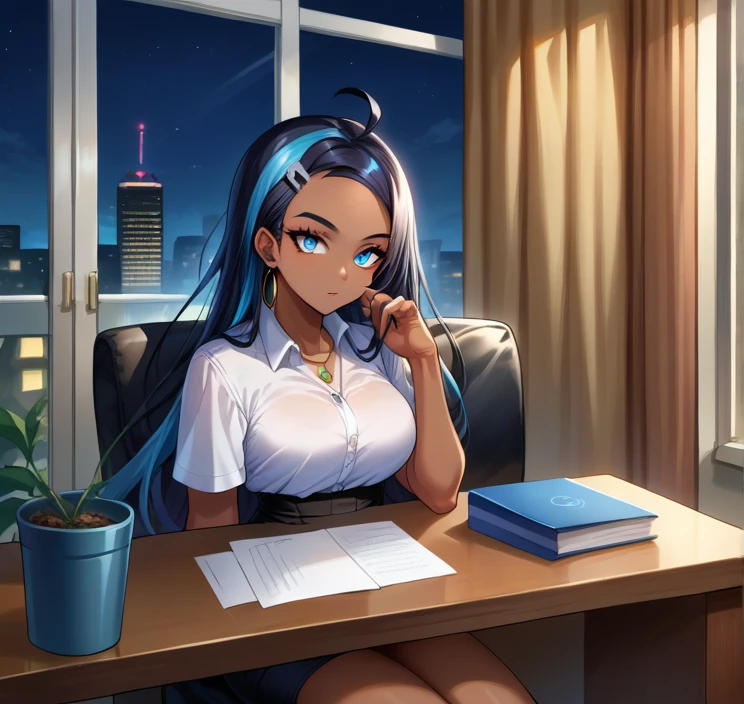 score_9, score_8_up,score_7_up, source_anime, 1girl, solo, EPpkNessa, blue eyes, black hair, blue hair, streaked hair,, dark skin, dark-skinned female, necklace, ear piercing,bottonup shirt,high-waist skirt,pantyhoes,heels,office, at a dark room, at night , city view from the window, gyaru,Very Long Hair,Ahoge, 