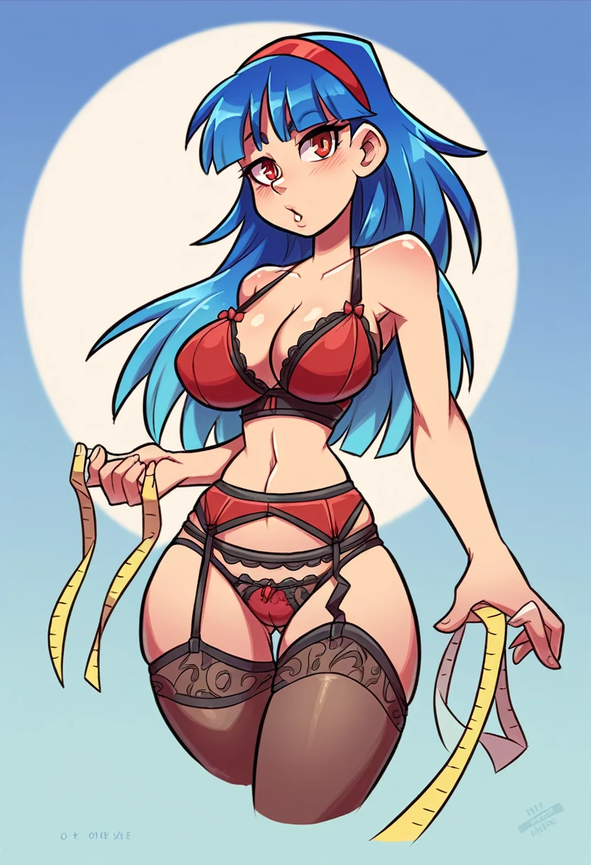 My name is Yukiko.I am a white test woman with long Sky blue hair,red eye color.I am 1.62 cm tall . My breasts measure 200 cm, my waist 40 cm and my hips 200 cm. Dresseddressed in red lingerie with garter belt . With big breasts 200 cm