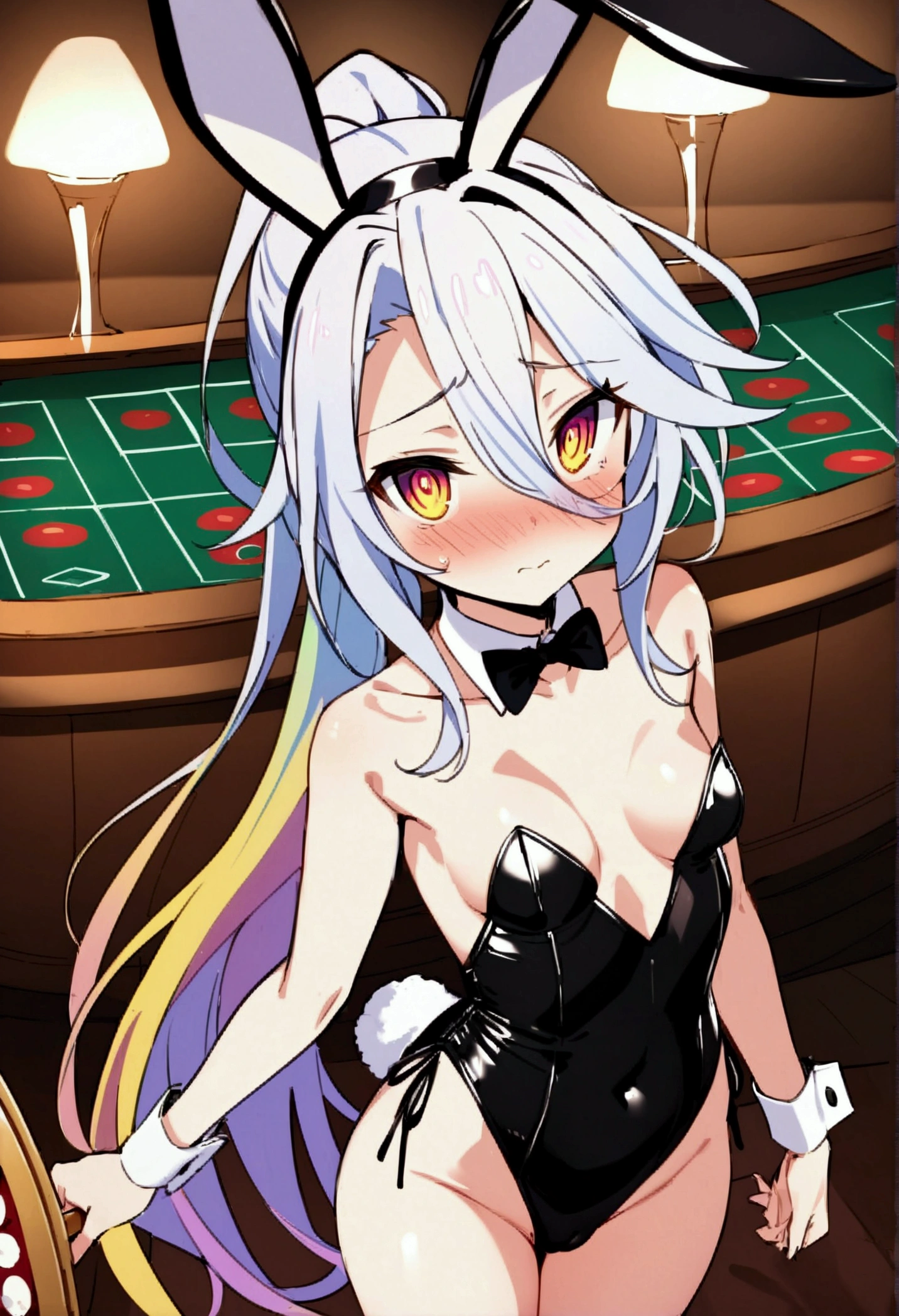 NSFW,masterpiece,Highest quality,High resolution,Very detailed,white\(no game No life\),Small breasts,ponytail,Bunny ears,Playboy Bunny,casino,Holding Tray,Sluggish face,blush,Are standing