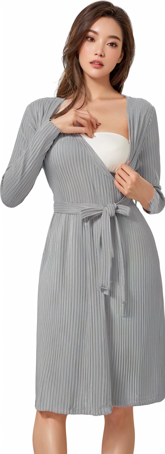 a woman in a gray robe and white bra top posing for a picture, very crisp details, perfect detail, crisp details, close up details, grey robe, grey, subtle details, lots of details, multiple details, very sharp details, subtle detailing, award - winning details, finely detailed features, crisp smooth clean lines, powerful detail, light grey, robes
