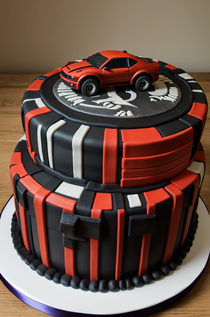 Create a custom elegant birthday cake design featuring elements of cars (specifically a Raptor or Hellcat), books, and civil engineering.