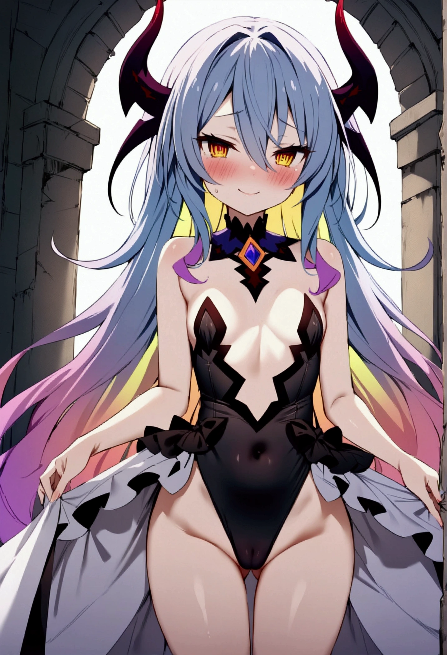 NSFW,masterpiece,Highest quality,High resolution,Very detailed,white\(no game No life\),Small breasts,Multicolored Hair,Gradient Hair,Bad smile,blush,(devil),devilの角,devilのしっぽ,devilの羽,High-quality black frill dress,leotard,Abandoned Castle