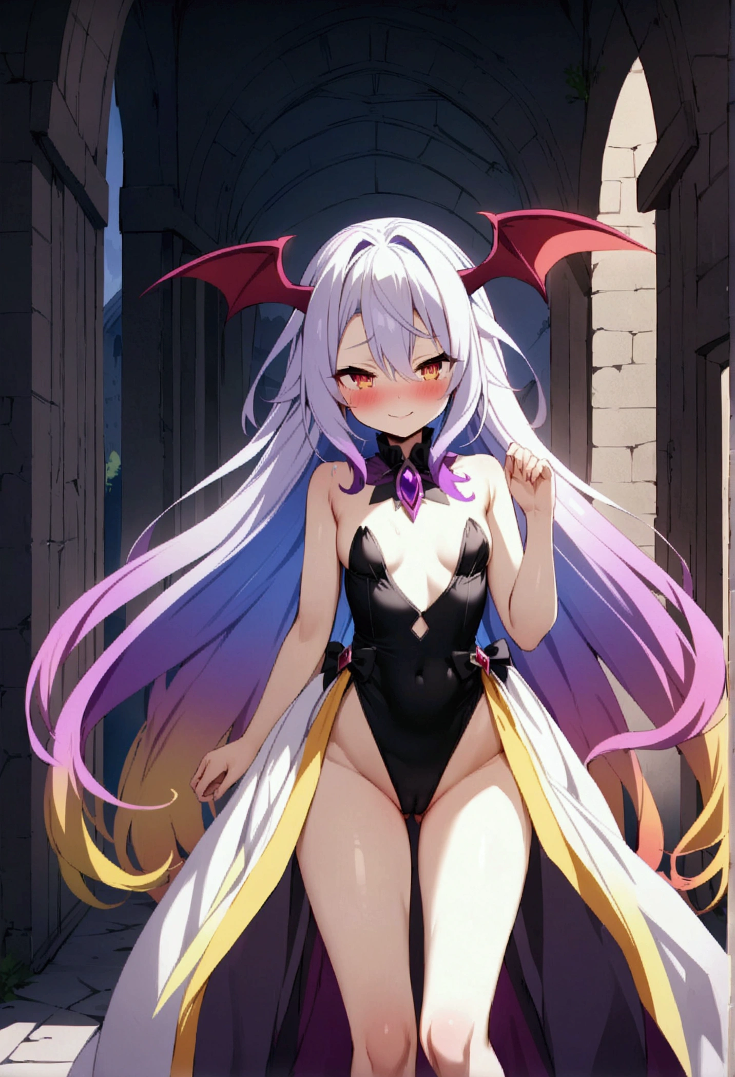 NSFW,masterpiece,Highest quality,High resolution,Very detailed,white\(no game No life\),Small ,Multicolored Hair,Gradient Hair,Bad smile,blush,(devil),devilの角,devilのしっぽ,devilの羽,High-quality black frill dress,leotard,Abandoned Castle